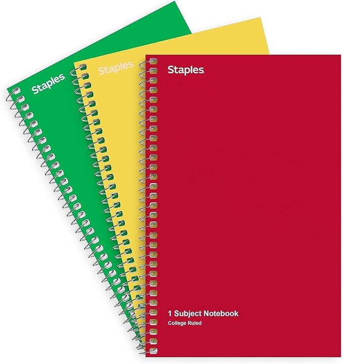 STAPLES 1‑Subject Spiral Notebook, College Ruled, 80 Sheets, Assorted Colors, 3‑Pack