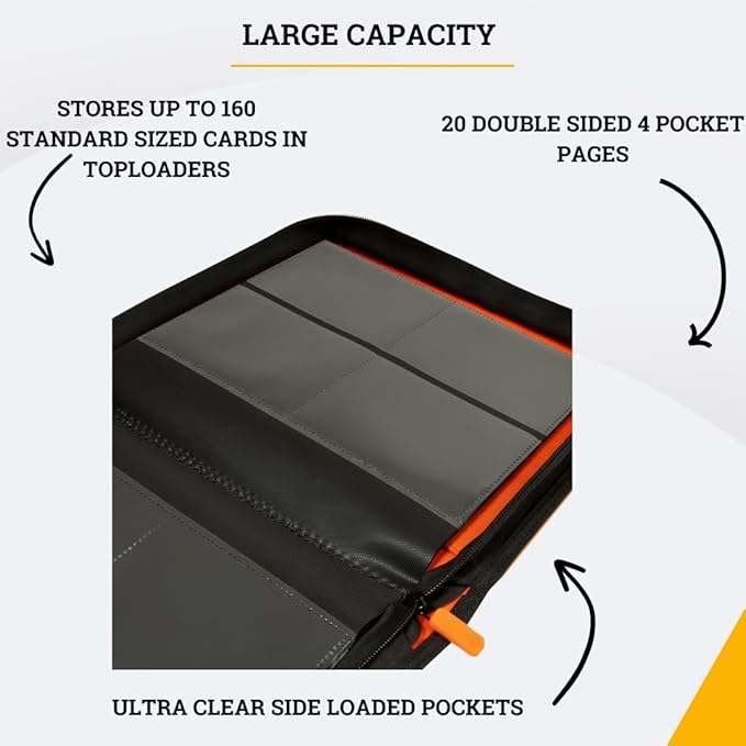 Card Guardian - Toploader 4 Pocket Premium Binder with Zipper for 160 Cards - Side Loaded Pockets - Compatible with Sports and Trading Cards TCG (Orange)