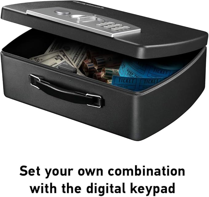 SentrySafe Portable Black Safe Box with Digital Keypad Lock, Small Steel Travel Safe with Carrying Handle for Money, Passport, 0.21 Cubic Feet, 4.4 x 13 x 10 Inches, P021E