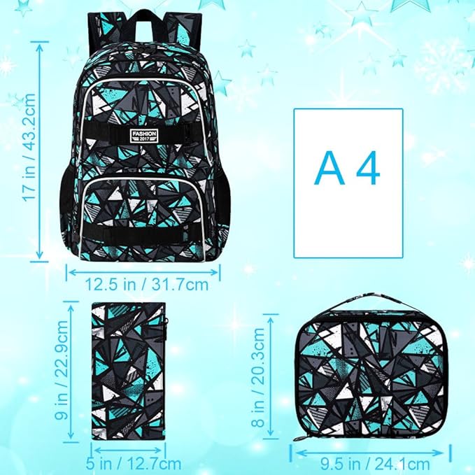 3PCS Boys Bookbag, 17" Water Resistant School Bag with Lunch Box, Cute School Bag Set for College Teenagers High Middle Elementary - Geometry White