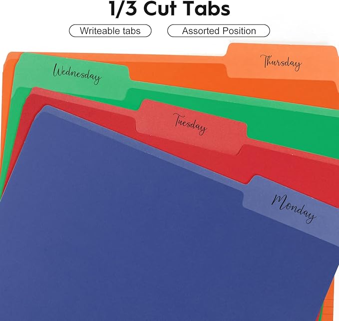 30-Pack Color File Folders, 1/3 Cut Tab, Assorted 5 Colors Letter Size Manilla Folder for School/Office/Classroom