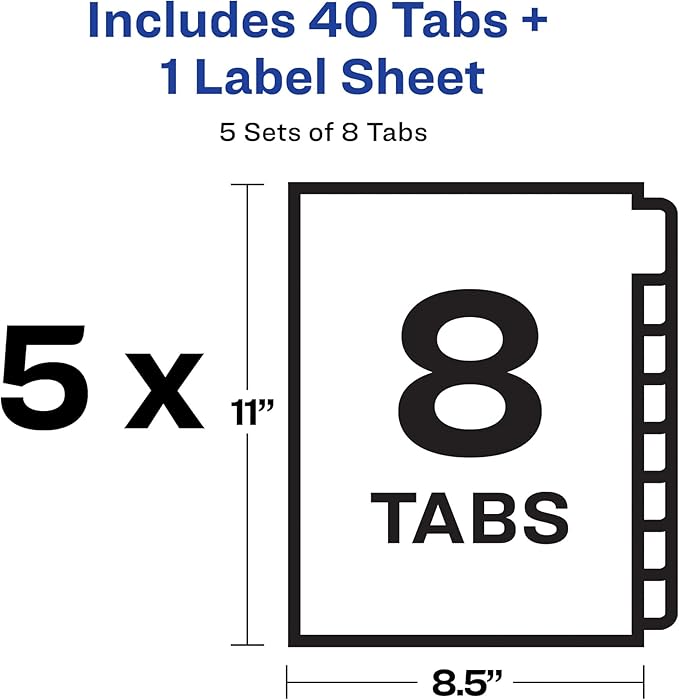 Avery 8 Tab Plastic Dividers for 3 Ring Binder, Easy Print & Apply Clear Label Strip, Index Maker Customizable Frosted White Tabs, 5 Sets (12450)