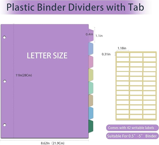 Binder Dividers with Tabs - 8 Index Tabs, Plastic 3 Hole Punch File Dividers for 3 Ring Binder, Letter Size, Durable File Organizer for School Office