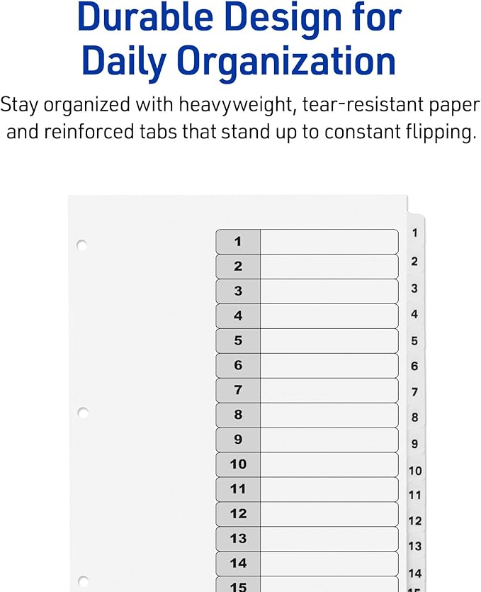 Avery Dividers for 3 Ring Binders, 15 Tabs per Set, Customizable Table of Contents, Classic White Tabs, Great for Organizing Reports, Projects, and More (11142)