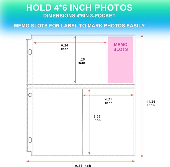50 Pack 4 x 6 Photo Sleeves for 3 Ring Binder(300 Pictures), Heavy-Duty Archival Photo Page Protectors, Clear Picture Album Refill Pages Holds, Acid-Free