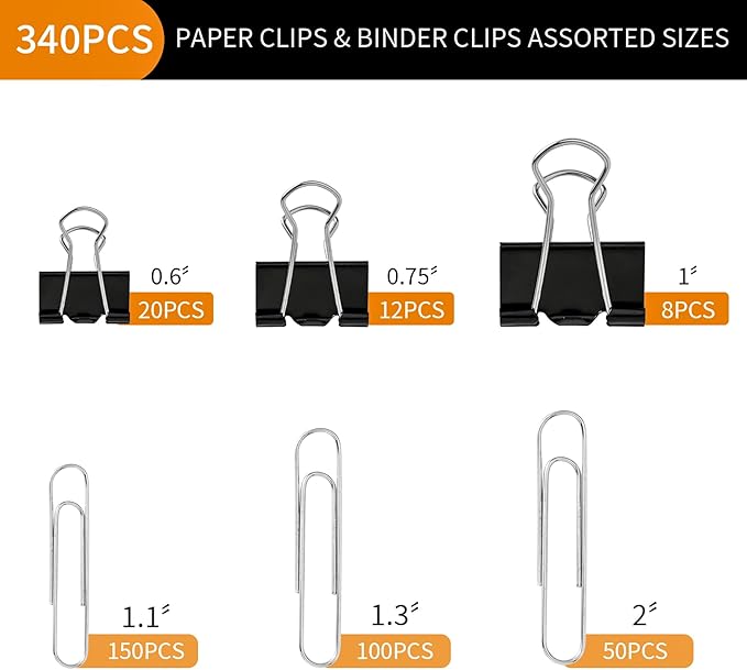 340PCS Paper Clips Binder Clips Paperclips Small Binder Clips Paper Clips Assorted Sizes Office Supplies School Supplies