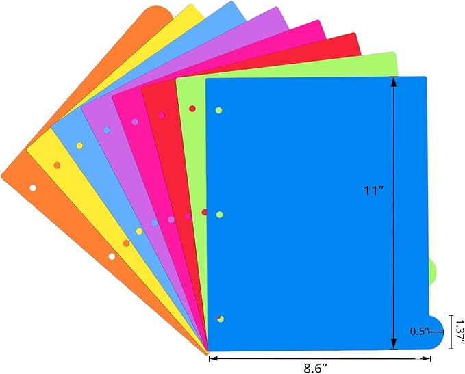 Dividers for 3 Ring Binder, 8 Tabs 16 Pcs Plastic Binder Dividers with Tabs, 3 Hole Punched Dividers Index Tab Dividers Colored Letter Size for School Office Multicolor