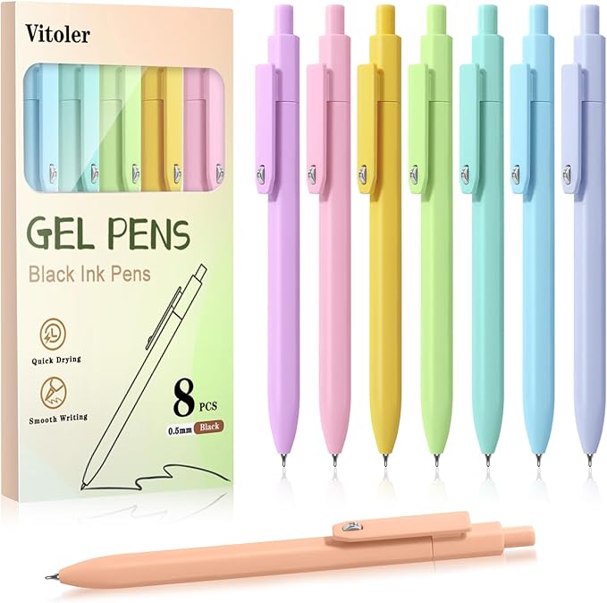 Gel Pens, 8pcs Black Ink Pens 0.5mm Smooth Writing Pens,Cute Color Pens for Journaling Desk Accessories Office School Supplies Gifts for Women Nurses
