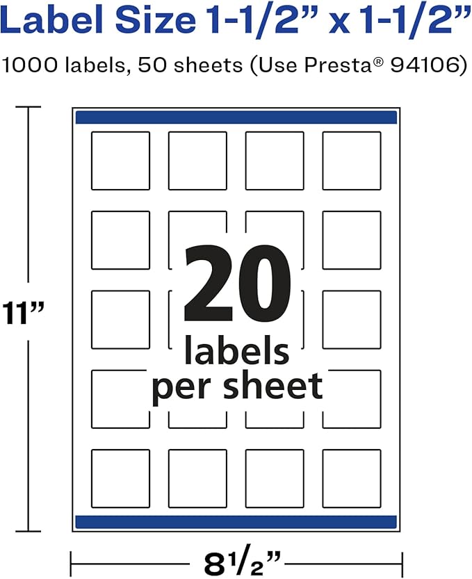 Avery Glossy White Square Labels, Sure Feed Technology, 1.5" x 1.5", 1,000 Glossy White Labels, Print-to-The-Edge, Permanent Adhesive, Laser/Inkjet Printable