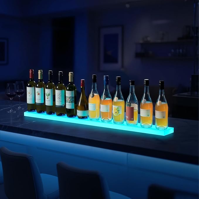 VEVOR LED Lighted Liquor Bottle Display, 1 Tier 48 Inches Whiskey Rack, Supports USB, Illuminated Home Bar Shelf with RF Remote & App Control, 7 Static Colors, Acrylic Lighted Shelf for 12 Bottles