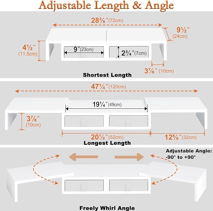 TEAMIX Dual Monitor Stand Riser - Length and Angle Adjustable White Monitor Stand with 2 Drawers to Storage Large Computer Riser for 2 Monitors/Laptop/PC, Wood Screen/TV Stand Desk Organizer (White)