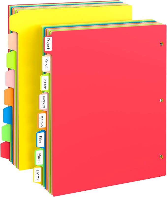 Binder Dividers with Tabs, Sturdy Plastic Dividers for 3 Ring Binder with 8 Tabs, Colorful 3 Ring Binder Dividers with Tabs, Dividers for 3 Ring Binder Page Protectors for School, 2 Set (16 Pcs)
