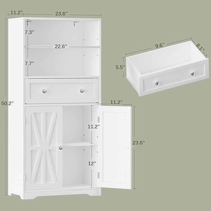 VECELO Bathroom Floor Storage Cabinet with Drawer, Freestanding Storage Unit with Adjustable Shelves, Open Compartments, for Bathroom, Living Room, Kitchen, White