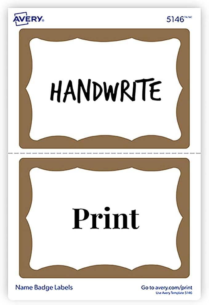 Avery Customizable Name Tags, 2-1/3" x 3-3/8", White with Gold Border, 100 Removable Name Badges (05146)