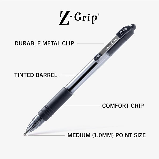 Zebra Pen Z-Grip Retractable Ballpoint Pen, Smooth-Flowing Black Ink, 1.0mm Medium Point, School & Office Supplies, Ideal for Note-Taking, Journal and Planner Use, 7-Pack (22271)
