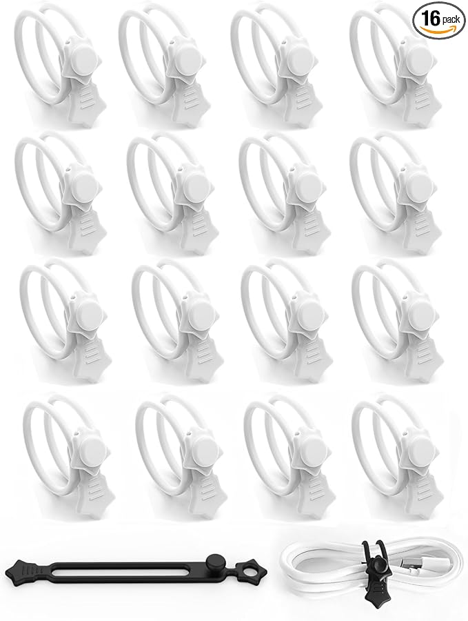 16 Pack Silicone Cable Ties, Reusable Star Design Cord Organizer Straps With 2 Binding Methos, Durable & Stretchable Wire Management for Home, Office, Travel (White)