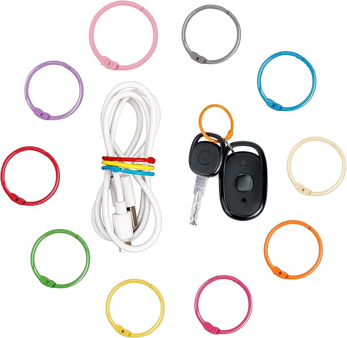 AKONEGE 1 1/5 Inch Colorful Loose Leaf Binder Rings (100 Pack) Metal Office Book Rings Paper Rings for Index Cards Flashcards Notebook, Keychain Key Rings Binder Rings for Office School Home, 10Colors
