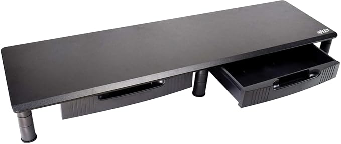 TRIPP LITE Dual-Monitor Riser Stand with Storage Drawers, Black Wood & Steel Desk Organizer for 2 Screens, Adjustable Height | Computer, Laptop, PC, & TV Shelf Stand | 5-Year Warranty (MR4011DTAA)