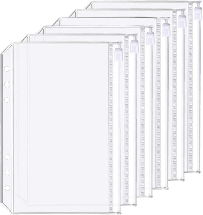 6 Pack A5 6 Holes Binder Zip Pockets Plastic Binder Colored Zipper Folders Waterproof 6 Holes Zipper Loose Leaf Bags Zip Lock Envelope for Documents Notebooks Cards