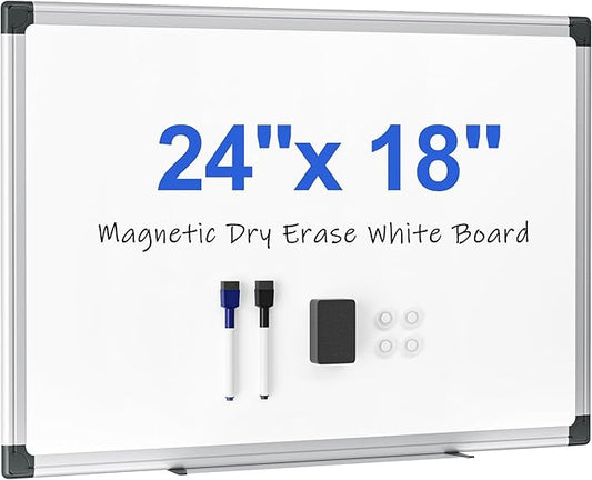 Magnetic White Board 24" x 18" for Wall, Dry Erase Board for Home Office, School, Study Room – Silver Aluminum Frame with 2 Markers, 4 Magnets, Eraser Included