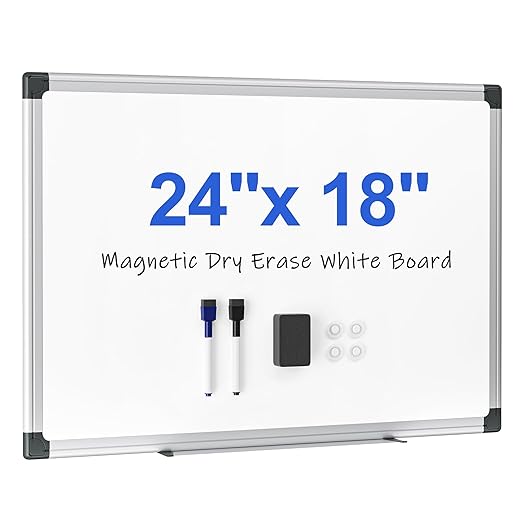 Magnetic Dry Erase Board 24 x 18 for Wall, Whiteboard for School, Classroom, Study & Home Office – Silver Aluminum Frame with 2 Markers, 4 Magnets & Eraser