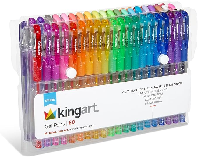 KINGART GLITTER Rollerball GEL PENS, 80 Sparkling Colors with Soft-Grip Comfort, XL Ink Cartridge - For Coloring, Doodling, Scrapbooking, Journaling and General Use, All Ages, 80 Pens
