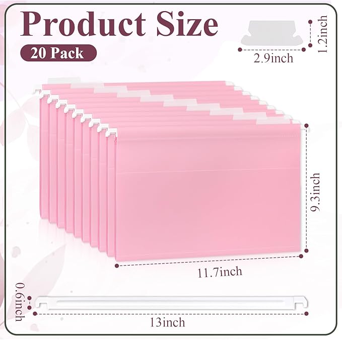 Letter Size Pink Hanging File Folders Hanging Document Folder Plastic Transparent Hanging File Folder for File Cabinets Document Filing (20, Pink)