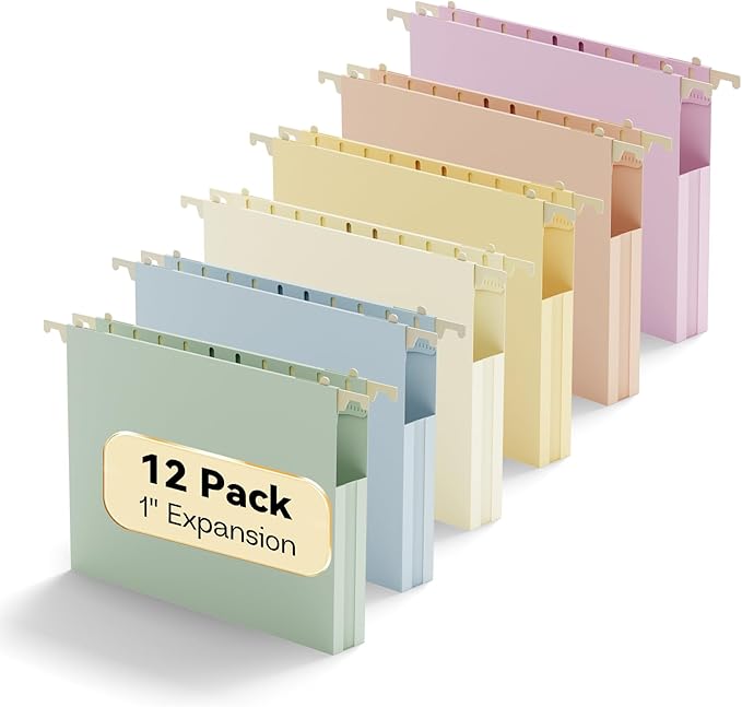 Plastic Hanging File Folders 1 Inch Expansion Letter Size,12 Pack Reinforced Heavy Duty Hang Folder with Tabs,Pastel Color Expandable Hanging Files with Side,File Cabinet Folders for School