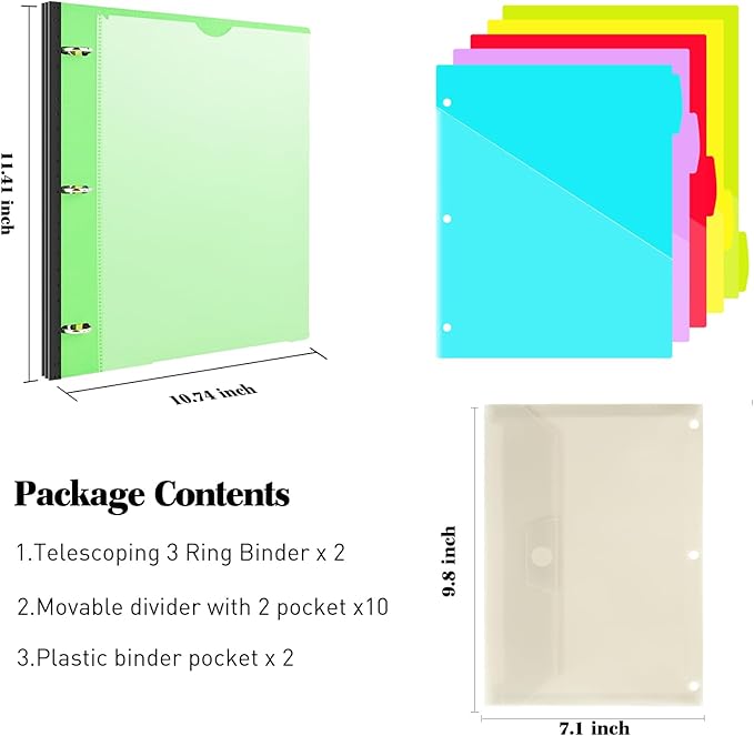 INFUN 1 Inch Telescoping Project Organizer Binder-2PCS,13 Pocket, Customizable Front Cover, 5 Colors Pocket Divider and Plastic Binder Pocket，225 Sheet Capacity-Green