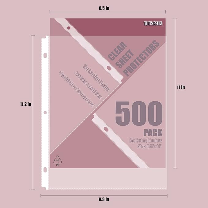 500 Pack Clear Sheet Protectors for 3 Ring Binder, Polypropylene Acid-Free Material, 8.5 x 11 Inch Letter Size, Protector of Your Documents