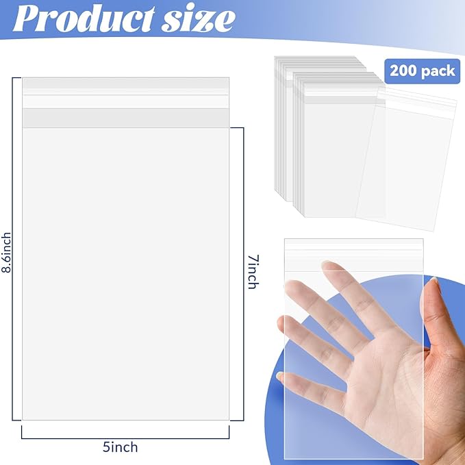 200 Pack Cellophane Bags Self Sealing, Resealable Clear Plastic Sleeves for 5 x 7 Inch Photos A6 A7 Paper Greeting Cards Postcards Art Prints Paintings Cookie Candy, 5-1/2 x 7-1/2 Inch