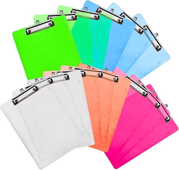 YOUEON 15 Pack Plastic Clipboards, 9" x 12.5" Standard Letter Size, Low Profile Metal Clip, Hanging Loop, Multi-Color Transparent Clip Boards for Office, School, Teacher, Nurse