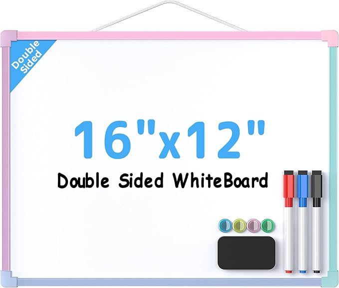 MaxGear Double-Sided Dry Erase Board for Wall, 16"x12" Hanging Whiteboard, Small Dry Erase White Board, Portable Whiteboard for Planning, Drawing, Memo, to Do List, Multi-Colorful Frame