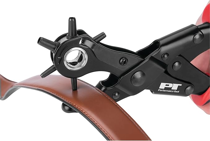 Performance Tool W7554 Double Hinged Hole Punch Tool with 6 Punch Sizes and Adjustable Tension for Belts, Upholstery, and More