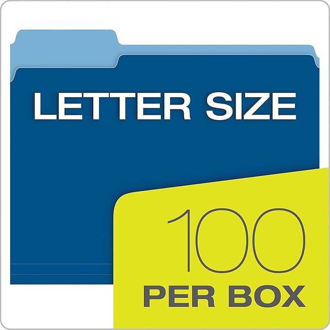 Pendaflex Colored File Folders, 100 Pack, Letter Size (8.5" x 11"), Durable Dark Blue Folders, 3 Tabs for Easy Labeling, Colorful School, Office & Home Document Organization