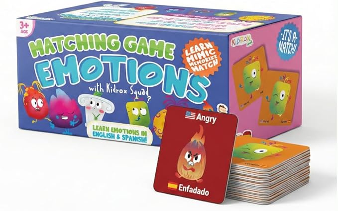 Kidrox Emotions Flash Cards, English Learning Cards with Spanish Translations, Interactive Matching Game for Emotional Development
