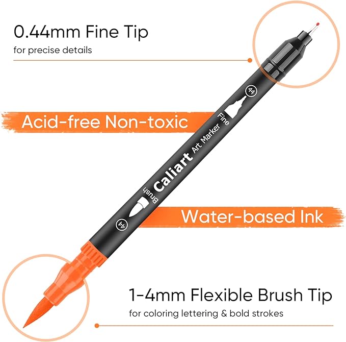 Caliart 34 Double Tip Brush Pens Art Markers, Artist Fine & Brush Pen Coloring Markers for Adult Book Cards Drawing Craft Kit Teacher Office Supplies