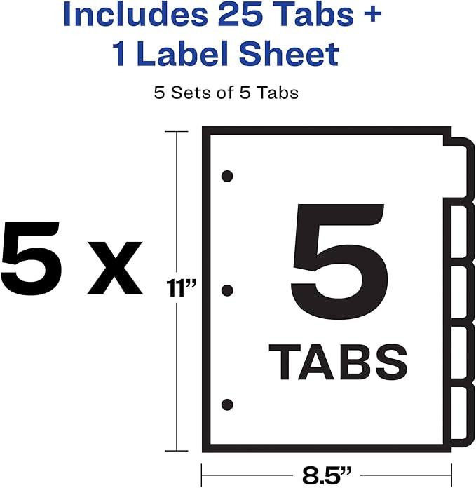 Avery 5 Big Tab Dividers for 3 Ring Binder, Easy Print & Apply Clear Label Strip, Index Maker Customizable White Tabs, 5 Sets (11492)