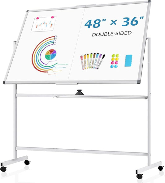 48" X 36" Large Rolling Whiteboard, 360°Rotation Magneitic White Board with Stand, Double Sides Whiteboard Easel on Wheels, Big Dry Erase Board for Office, School, Home