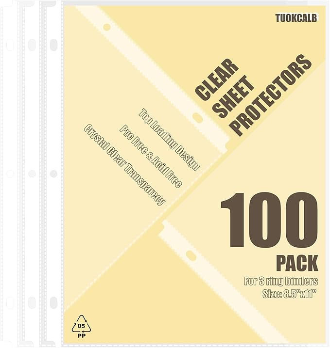 100 Pack Clear Sheet Protectors for 3 Ring Binder, Polypropylene Acid-Free Material, 8.5 x 11 Inch Letter Size, Protector of Your Documents