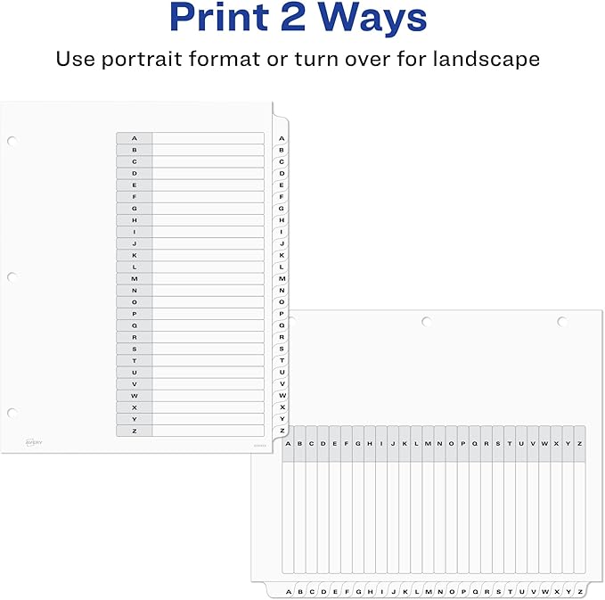 Avery A-Z 26 Tab Dividers for 3 Ring Binders, Customizable Table of Contents, Classic White Tabs, 1 Set (11828)