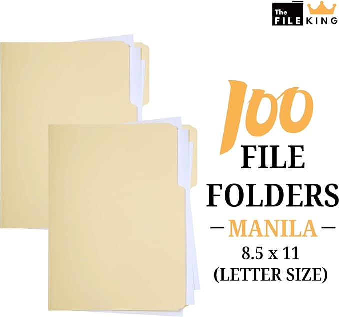 The File King 1/3 Cut File Folders Letter Size - 100 Pack | Manilla Folders 8.5 x 11 | Assorted 3 Tabs | Heavy Duty 11-Point Fiber | Made in USA | Undercut Front Style | Easy Labeling & Organization