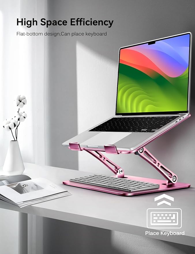 ivoler Adjustable Laptop Stand with 360° Rotating Base, Ergonomic Laptop Stand for Desk, Foldable & Portable Laptop Riser, Suitable for Collaborative Work, Fit MacBook Laptops up to 16 inches[Pink]