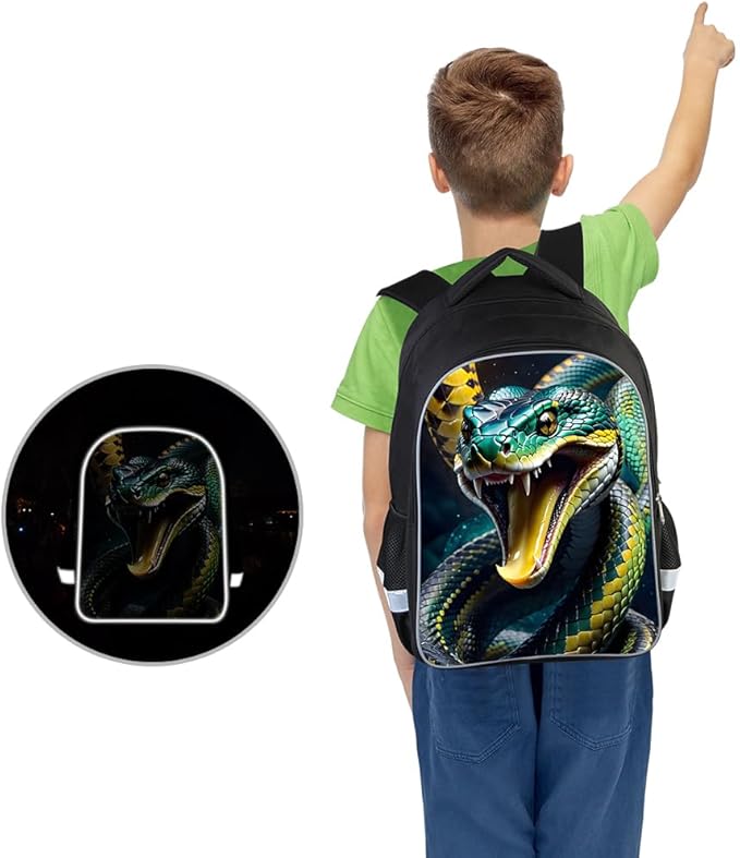 Kids Backpack Lightweight Durable Medium Teens Kids Backpack for School Boys and Girls Bookbag with Adjustable Shoulder Straps & Padded Back 17 Inch School bags with 3D Snake Reflective Cartoon