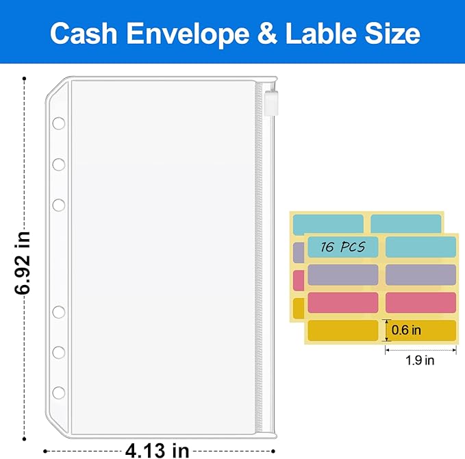 KTRIO 16PCS A6 Binder Pockets 6 Holes Cash Envelopes for Budgeting, Clear Zipper Pouch Folders A6 Planner Inserts, Waterproof PVC Loose Leaf Filing Bags Plastic Money Coupon Sticky Notes Organizer