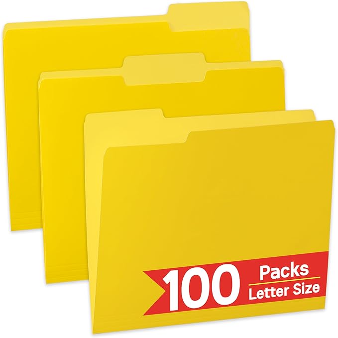 100 Packs Yellow File Folder,1/3-Cut Tabs,File Folders Letter Size,8.5x11 Inch File Folders for Office,School and Home,Folders for Documents
