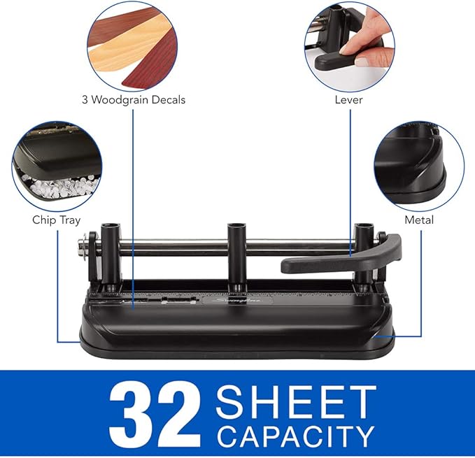 Swingline 3 Hole Punch Heavy Duty, 32 Sheet Capacity Three Hole Puncher 3 Ring, Adjustable 2-7 Hole Paper Punch, Black & Silver (74350)