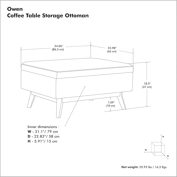 SIMPLIHOME Owen Coffee Table Storage Ottoman - 34 inch Wide Upholstered Tweed Look Fabric Rectangular Lift-Top Ottoman in Ebony, Mid-Century Modern Bench for Living Room with Tapered Legs