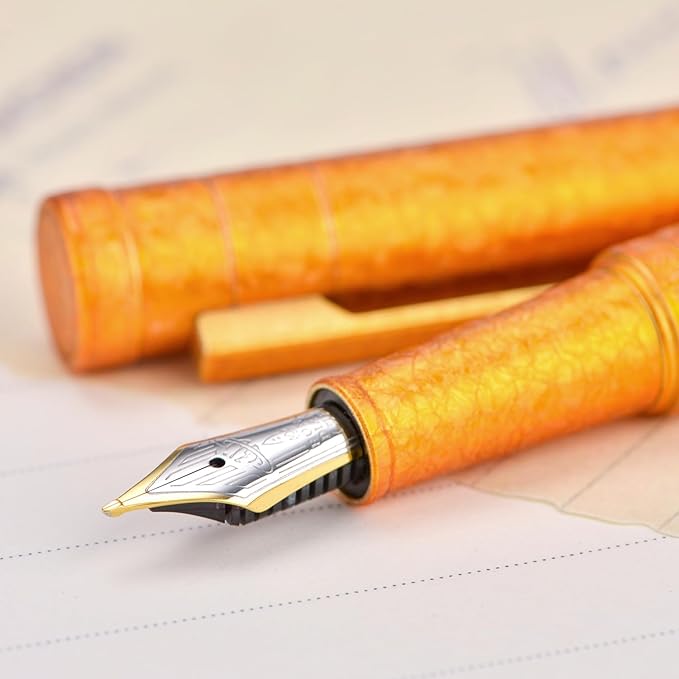 Hongdian 1851 Forest Fountain Pen Golden Ice Flowers, Blade Nib Classic Design Calligraphy Pen with Converter and Metal Pen Case