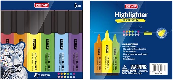 ZEYAR Highlighter, Chisel Tip Marker Pen, AP Certified, Assorted Colors, Water Based, Quick Dry (6 Candy Colors)